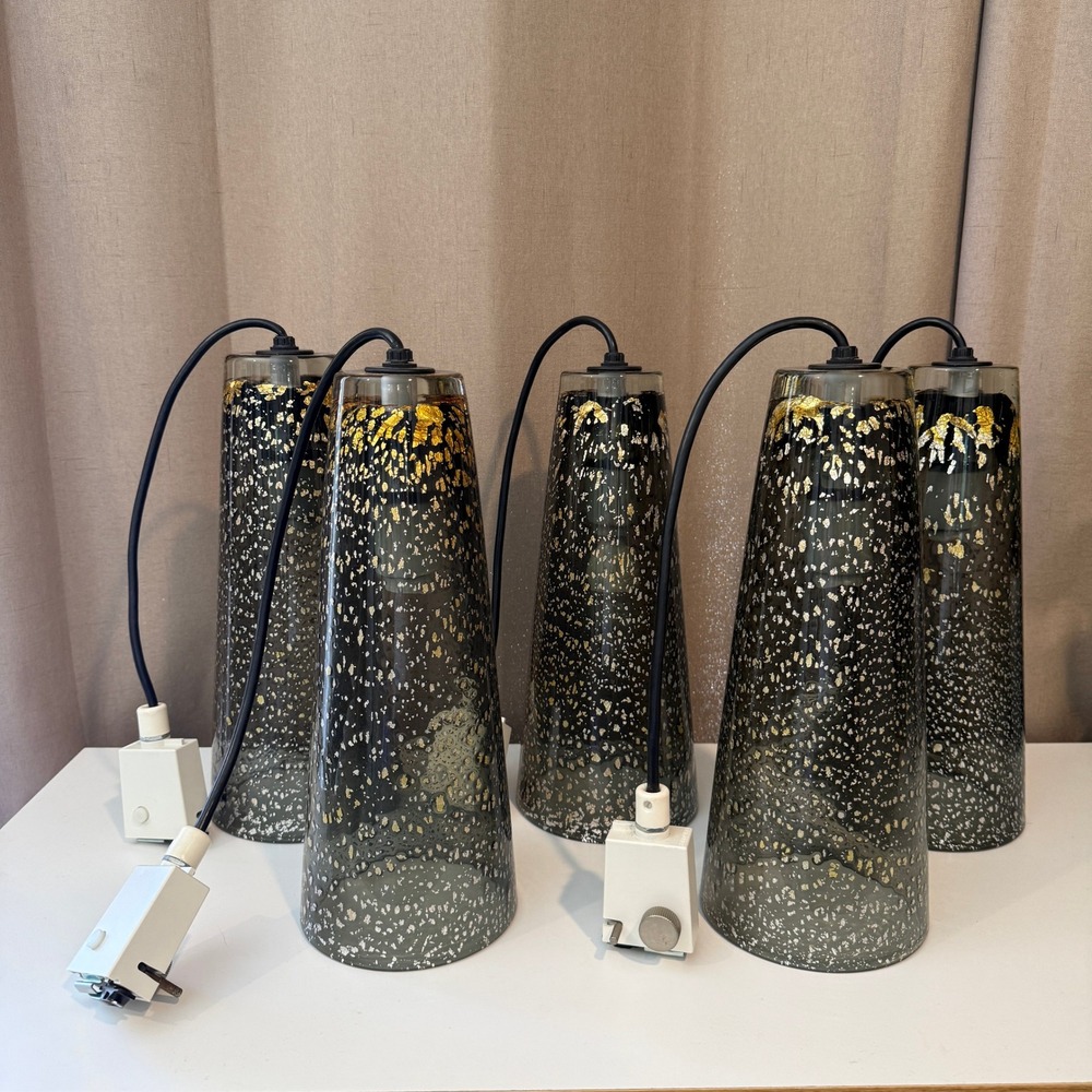 Set of 5 MCM Smoked Glass Gold Silver Leaf Cone Pendant Track Light Shades Bulbs